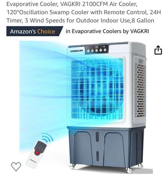 Evaporative Cooler, VAGKRI 2100CFM Air Cooler, 120°Oscillation Swamp