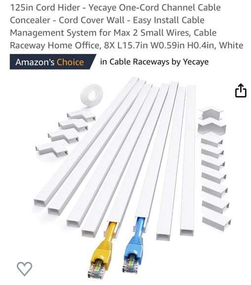 125in Cord Hider Yecaye OneCord Channel Cable Concealer Cord Cover