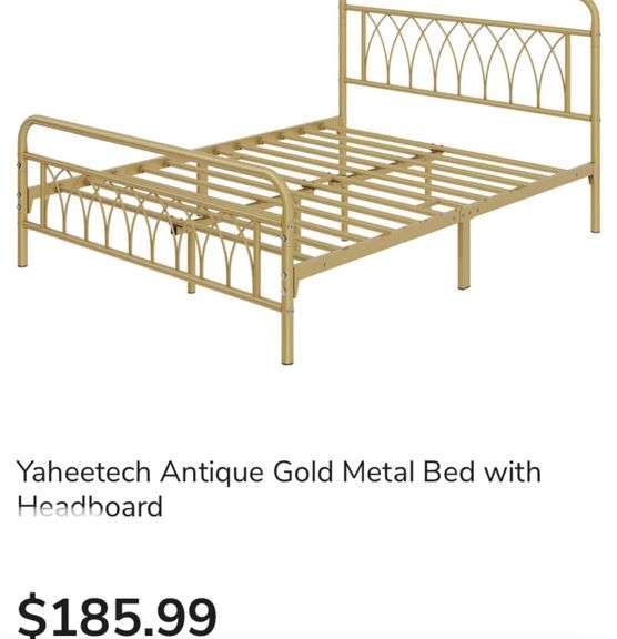 Full Size Yaheetech Antique Gold Metal Bed with Headboard Lexington