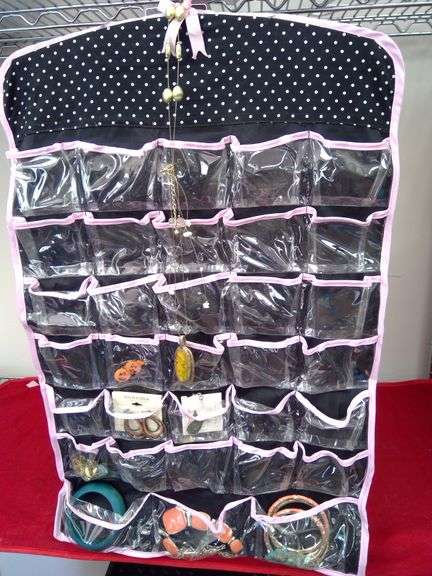 Hanging 2-sided Closet jewelry organizer with some costume jewelry
