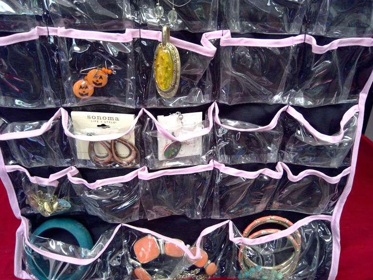 Hanging 2-sided Closet jewelry organizer with some costume jewelry