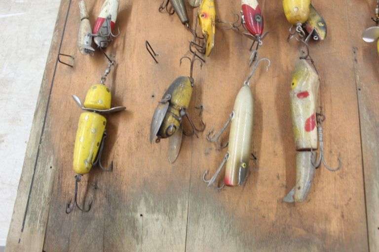 Antique fishing plug display w/plugs Lee Real Estate & Auction Service