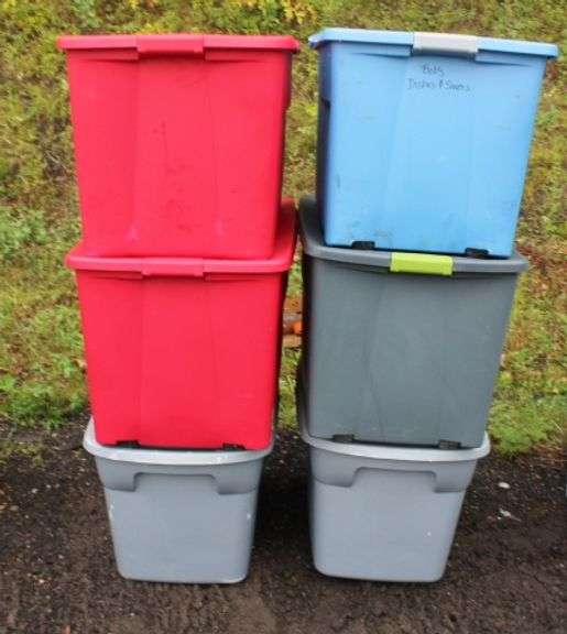 6 various plastic totes w/lids Lee Real Estate & Auction Service