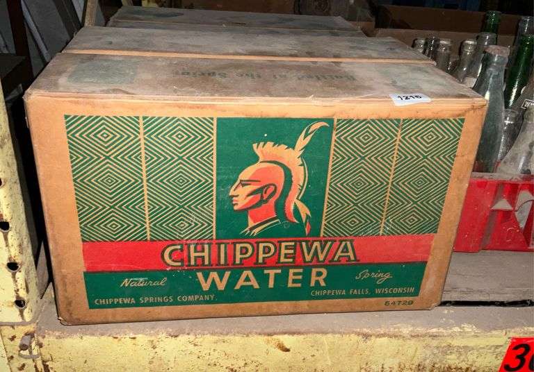 Chippewa Water Cardboard Box with Vintage Chippewa Water Bottles Maring Auction Co LLC