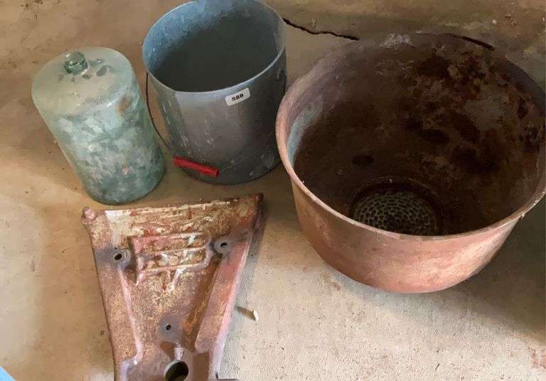 Metal Strainer, Galvanized Bucket, Glass Jug, Cast Van Brundt Cast Iron  Seed Box Sheller Cover - Maring Auction Co LLC