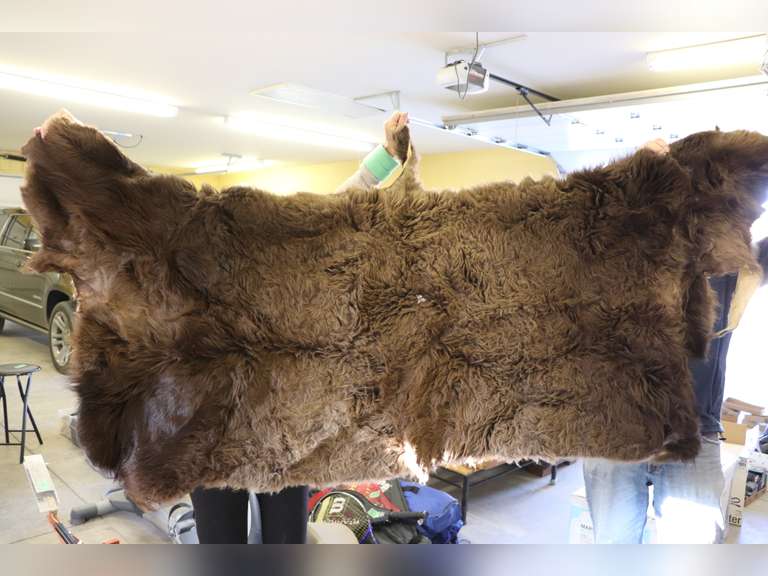 Buffalo skin fur and blue tote Adam Marshall Land & Auction, LLC