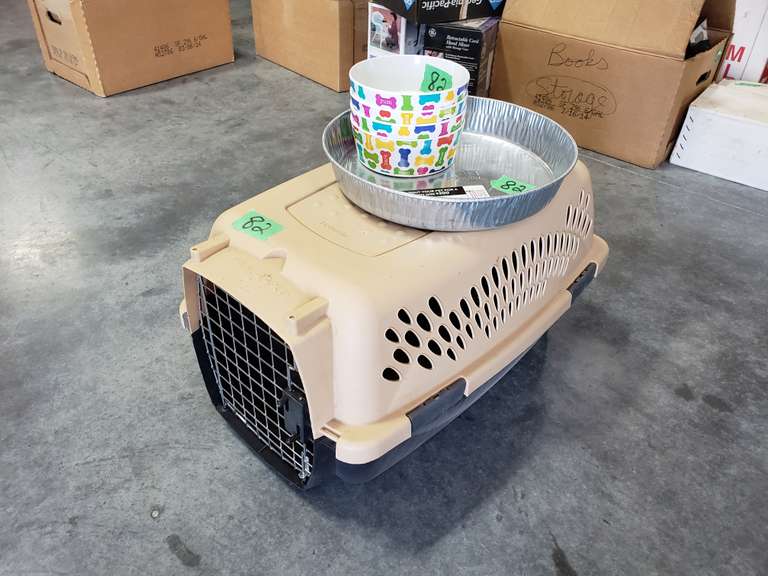 Pet carrier and bowls Adam Marshall Land & Auction, LLC
