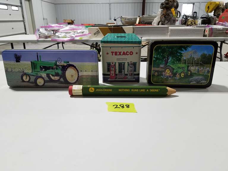(2) JOHN DEERE TINS JOHN DEERE, JOHN DEERE PENCIL NOTHING RUNS LIKE A