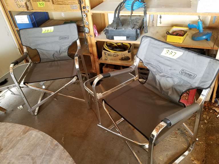 (2) Coleman Folding Chairs W/Side Tables New Adam Marshall Land