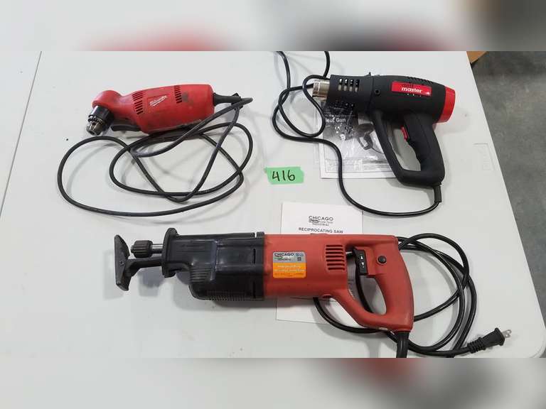Milwaukee 3/8" Angle Drill, Drill Master Heat Gun, Chicago Electric