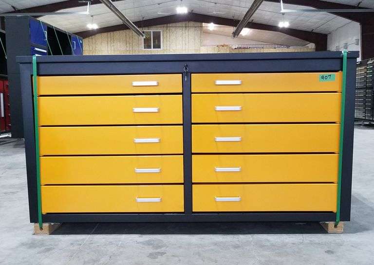 Unused Suihe Tool Box W/10 Swing Out Drawers & Wheels Yellow, 67"W x