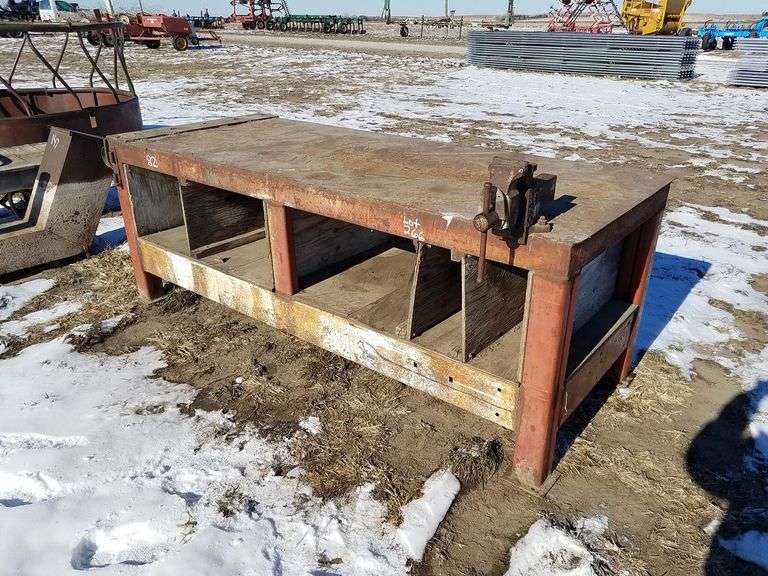 Steel Work Bench with Vise 8'x38"x34" Adam Marshall Land & Auction, LLC
