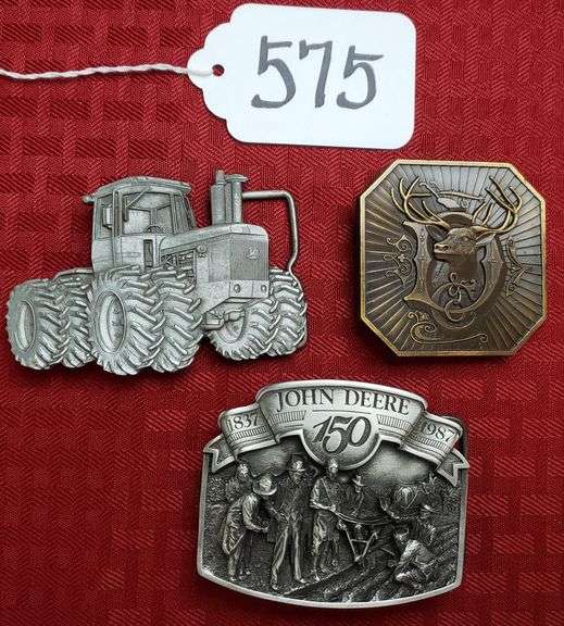 (3) John Deere Belt Buckles2 unmarked and (1) 1987 9816 Adam