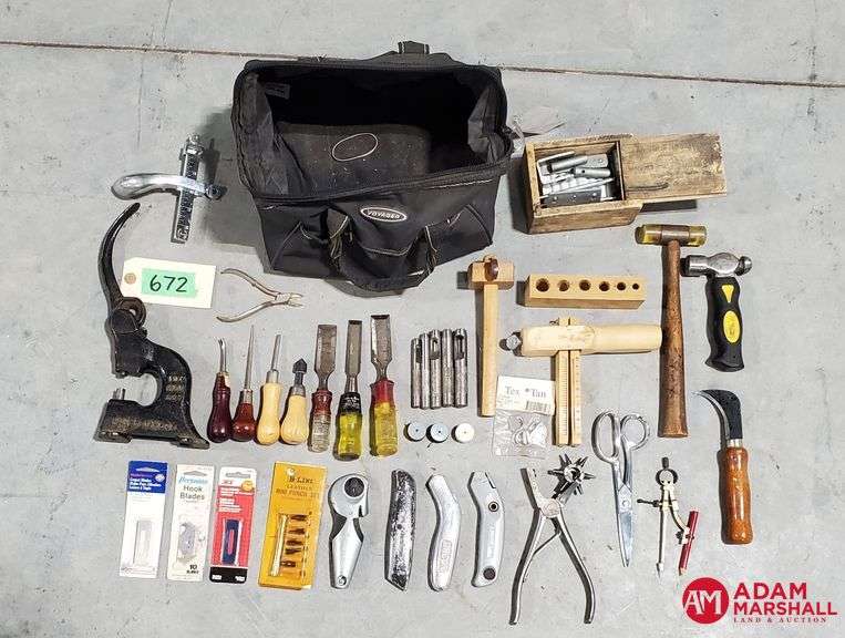 Tool Bag W/Contents Leather Tools, Etc Adam Marshall Land & Auction