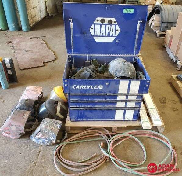 Napa table top tool box with all contents, (6) welding helmets, (2