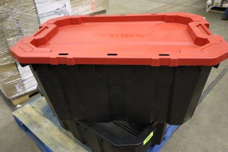 (3) Husky 25 gallon latch and stack totes Matthews Auctioneers