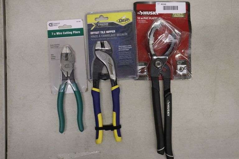 7" wire cutting pliers, offset tile nipper and 12" PVC Pliers Matthews Auctioneers
