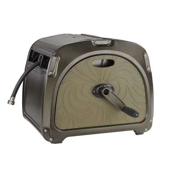 Metal Garden Hose Reel Box with 5' 5/8" Leader Hose Matthews Auctioneers