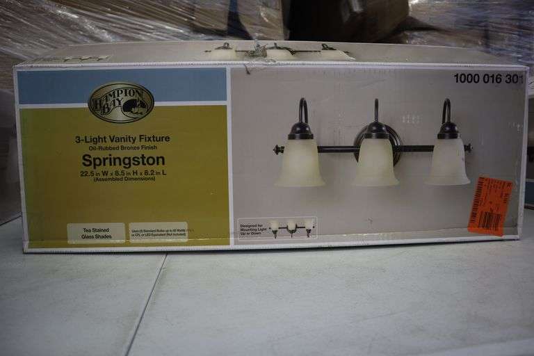 Hampton Bay 3 light vanity fixture Matthews Auctioneers