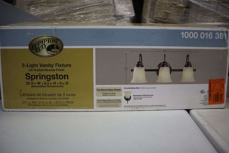 Hampton Bay 3 light vanity fixture Matthews Auctioneers