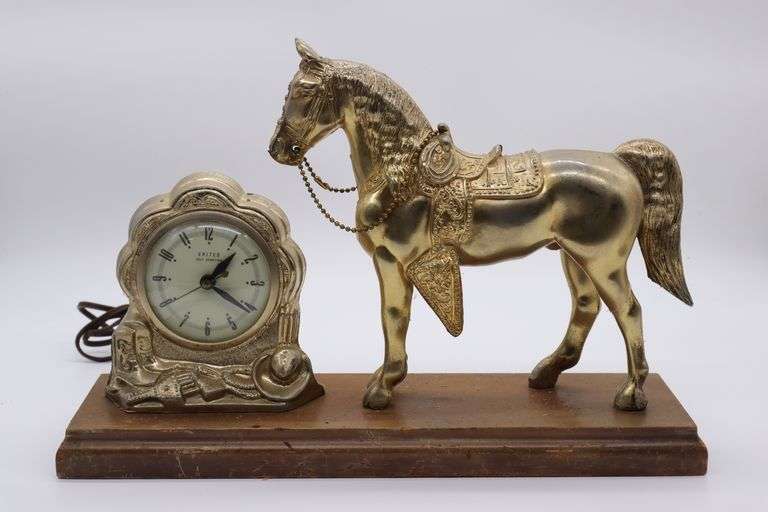 United Self Starting Metal Horse Clock Matthews Auctioneers