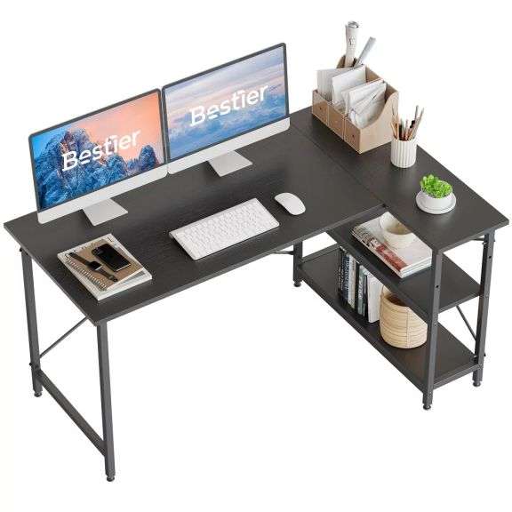 55" LShaped Desk with shelves Matthews Auctioneers