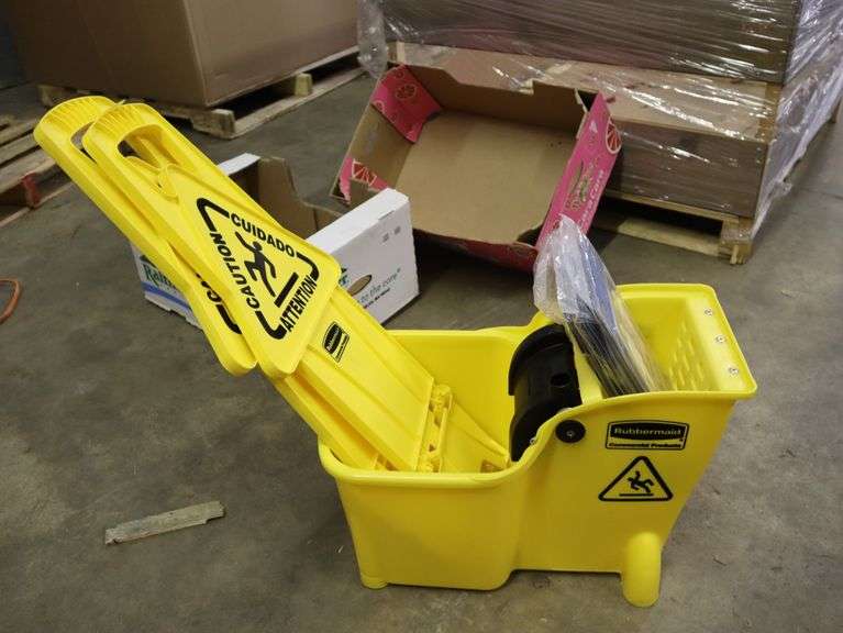 Rubbermaid mop buckets, 2 wet floor signs and restroom signs Matthews