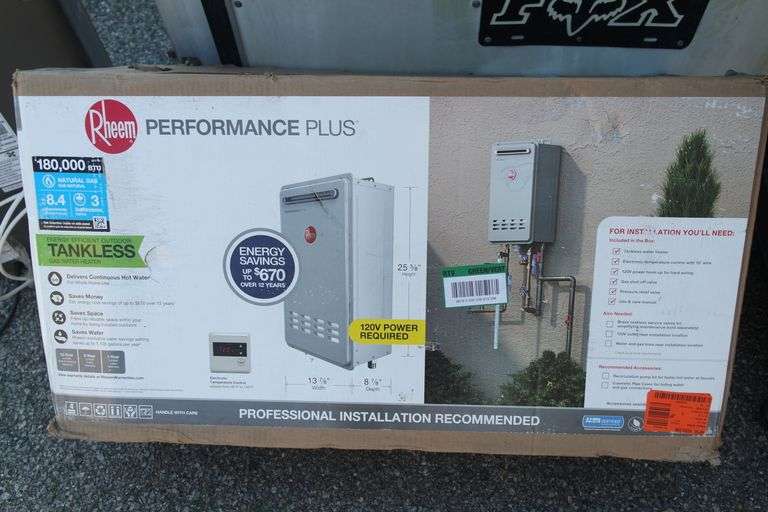 RHEEM Performance Plus 8.4 GPM Natural Gas Outdoor Tankless Water Heater -  Matthews Auctioneers
