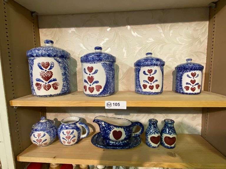 Heart shaped Canister, Creamer, sugar, salt/pepper, gravy boat Matthews Auctioneers
