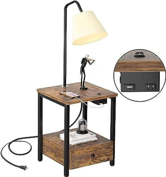 LityMax LED Floor Lamp with Table, Rustic Bedside Nightstand with