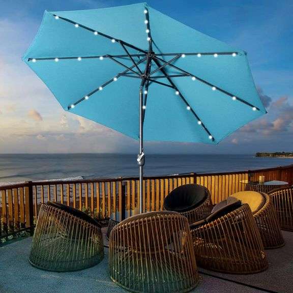 Aok Garden 9 ft Patio Umbrella with Solar Lights Outdoor 32 LED Table  Aluminum Pole Umbrella