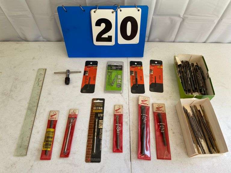 10 new in package Drill Bits (masonary, metal, and wood) 2 boxes of various size drill bits, Hand drill/tap