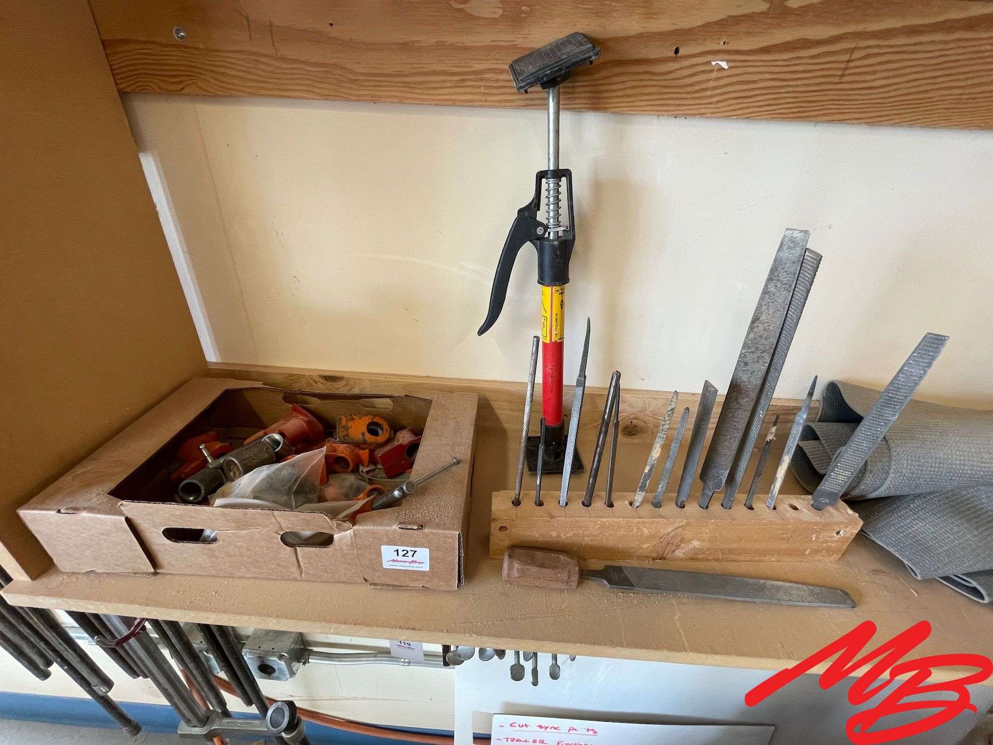 Shelf of Assorted Files & Pipe Clamp Parts