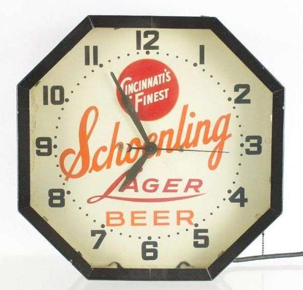 Vintage Schoenling Lager Beer Light Up Advertising Neon Beer Clock Sign