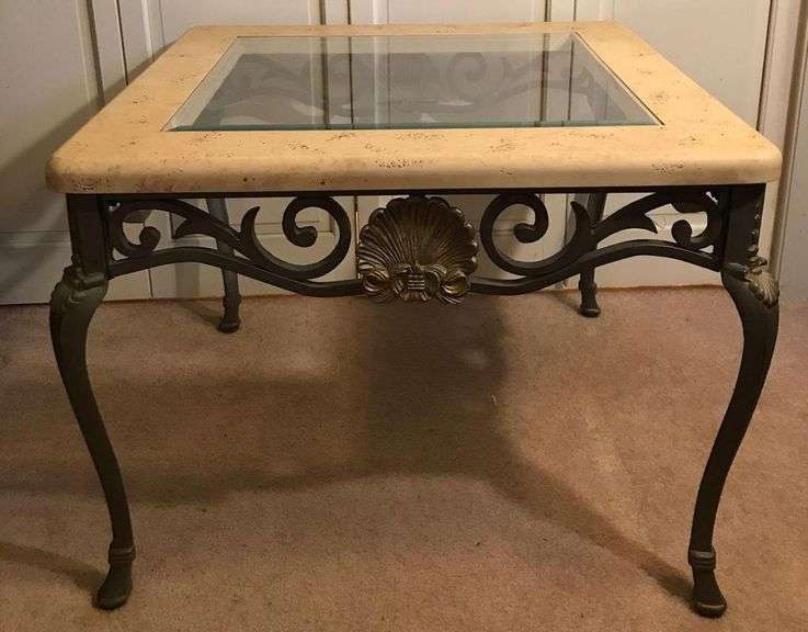 Glass topped faux marble coffee table Matthew Bullock Auctioneers