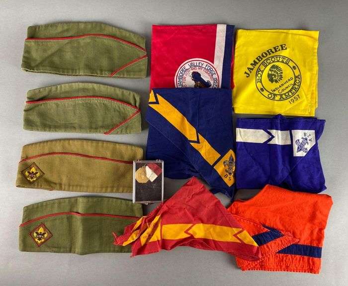Group of 11 Assorted Boy Scout Hats, Bandanas, and More Matthew