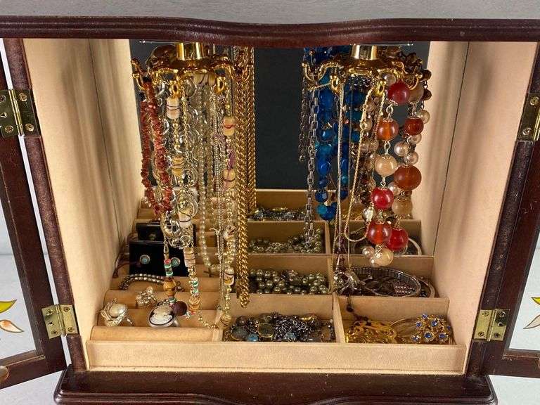 Wood Standing Jewelry Box of Costume Jewelry Matthew Bullock Auctioneers