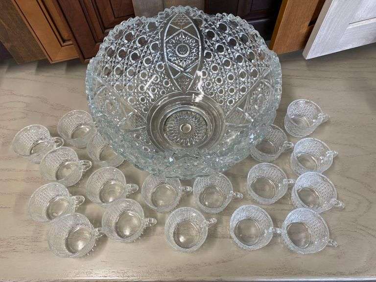 Clear Cut Glass Punch Bowl Set Matthew Bullock Auctioneers