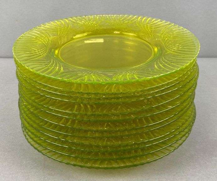 Group of 12 Yellow Vaseline Glass Plates Matthew Bullock Auctioneers