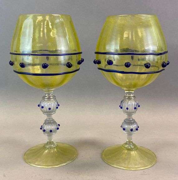 Pair of Oversized Yellow Art Glass Wine Glasses Matthew Bullock