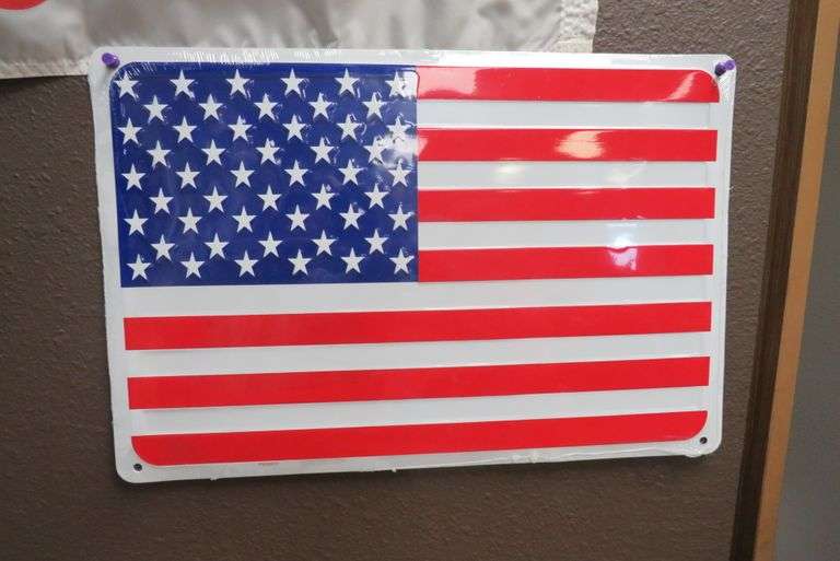 SOUTH DAKOTA CENTURY FLAG, TWO METAL SIGNS AND CHARLIE RUSSELL PRINTS