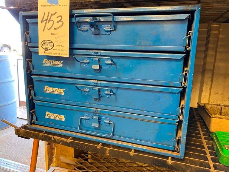 4 COMPARTMENT FASTENAL BOLT BIN WITH ASSORTED NUTS AND BOLTS AND TOOLS