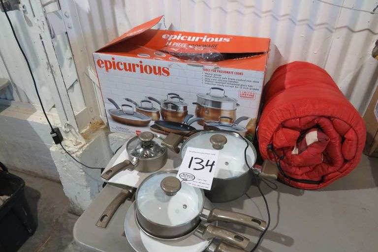EPICURIOUS POTS AND PANS SET WITH A SLEEPING BAG McPherson Auction