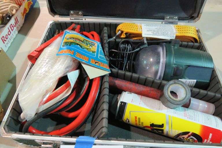 TRAVELER SAFETY KIT, JUMPER CABLES, FLARE, TOW STRAP McPherson Auction & Realty