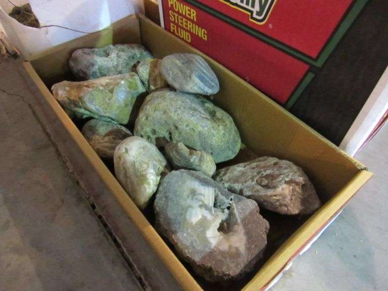 3 BOXES OF ROCKS AND PARTIAL BUCKET OF ROCKS McPherson Auction & Realty