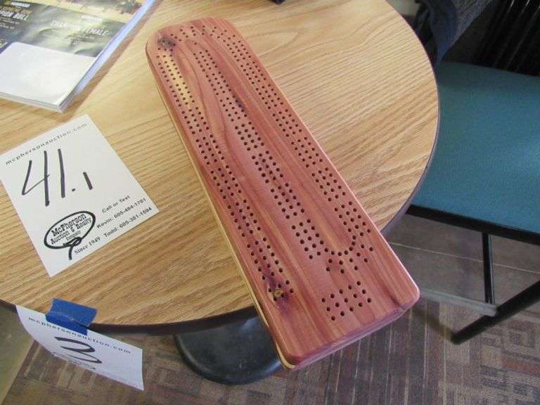 CEDAR CRIBBAGE BOARD WITH A DECK OF CARDS AND PEGS McPherson Auction