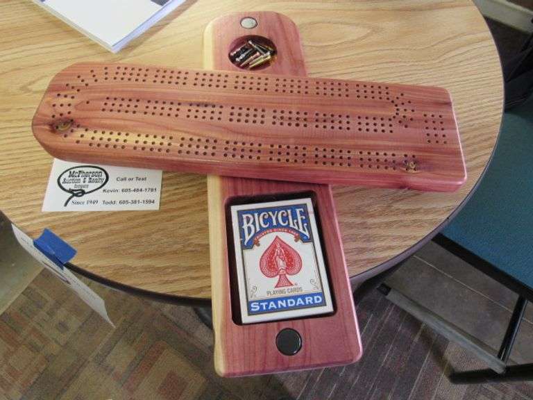 CEDAR CRIBBAGE BOARD WITH A DECK OF CARDS AND PEGS McPherson Auction