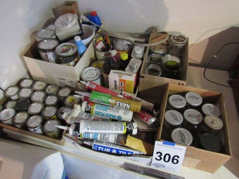 6 boxes of misc hardware, canning jars, stain, and paint McPherson Auction & Realty