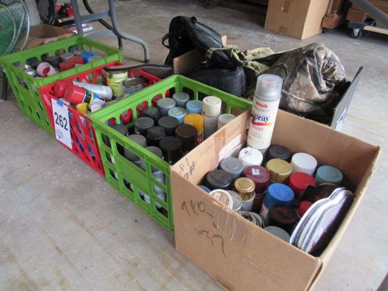 3 PLASTIC CRATES OF ASSORTED SPRAY PAINT AND PAINT THINNER McPherson