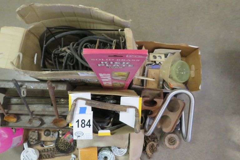 RV ANTIFREEZE, BOX WITH COIL NAILS, TOOLBOX, MOTORCYCLE TIE DOWNS